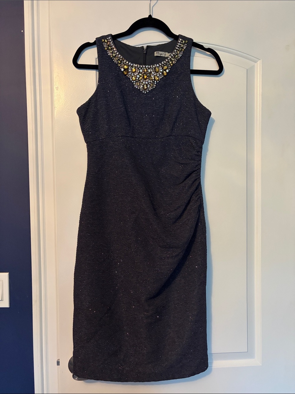 Eliza J Charcoal Gray Sparkle Midi Dress with Jeweled Collar